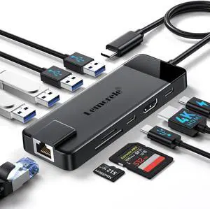 Lemorele USB C Hub Multiport Adapter 10-in-1 USB C Dongle for MacBook Pro Air, Gigabit Ethernet with 4K HDMI, 100W PD, USB 3.0 5Gbps Port, SD/TF Card Reader Adapter, Compatible for Windows/Mac/iPad