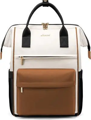 LOVEVOOK Laptop Backpack for Women 17.3 Inch, Travel Backpack with USB Charging Port Large Capacity Laptop Bag, Waterproof Bag for Business College Airline Approved Work Backpack(White Brown)