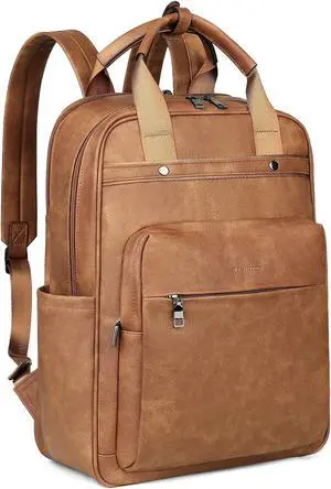 MASINTOR Leather Laptop Backpack for Women, Stylish Computer Backpack College Business Work Shoulder Bags Work and Travel Mocha Brown