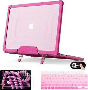 Mektron Shockproof Case for MacBook Air 15 inch 2025/2024/2023 with M4/M3/M2 Chip Model A3241/A2941/ A3114, 15.3 Heavy Duty Protective Hard Shell Cover with Fold Kickstand with Keyboard Skin, B-Pink