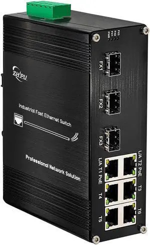Unmanaged 6 Ports Fast PoE Switch Industrial Din-Rail Ethernet Switch with 3 SFP Slots IEEE802.3af/at 30W Up to 180W 10/100Mbps Network Fiber Switch 48V DC