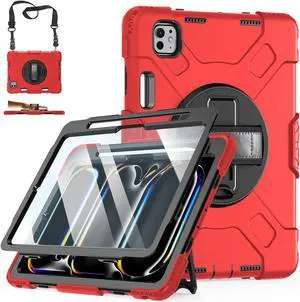 Case for iPad Pro 11 M4 2024: Protective Cover for iPad Pro 11 Inch 5th Generation with Screen Protector- Stand- Handle- Shoulder Strap- Pencil Holder-Black+Red