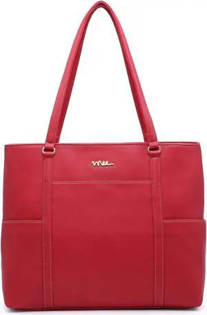 NNEE Classic Laptop Leather Tote Bag for 15 15.6 inch Notebook Computers Travel Carrying Bag with Smart Trolley Strap Design - Red