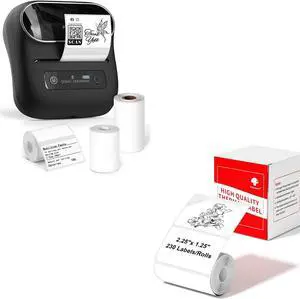Phomemo M220 Label Maker Black & 1 Roll White Thermal Label 2.25"x 1.25"(57x32mm), Upgrade 3 Inch Barcode Portable Printer, for Office & Small Business, Compatible with Phones&PC