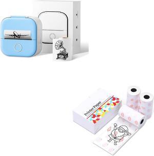 Ponek T02 Blue Mini Pocket Sticker Photo Printer and T02 Strawberry Pattern Thermal Paper - 20-Year Sticky 50mmx3.5m for Journal