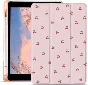 JOYLAND Cute Cherry Printed Case for iPad 9th/7th/8th Generation 10.2 Inch with Pencil Holder, Auto Wake/Sleep for iPad 2021/2020/2019 Shockproof Case, Trifold Stand Pink Girly Cover for Girls Kids