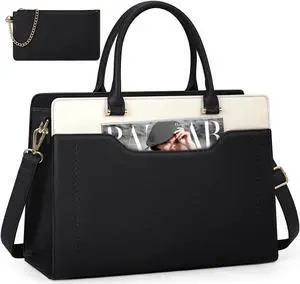 RAINSMORE Laptop Bag for Women 15.6 Inch Laptop Tote Bag Waterproof Leather Work Bags Professional Computer Briefcase Large Capacity Handbag for Business Teacher Office, Black and White