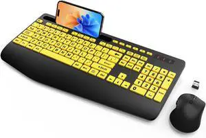SABLUTE Wireless Keyboard and Mouse, Wrist Rest, Large Print, Phone Holder, 2.4G Ergonomic Keyboards Mouse Combo, Silent Cordless High Contrast Set for Low Vision and The Elderly, Battery Powered