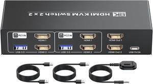 8K60Hz HDMI KVM Switch 2 Monitors 2 Computers, 4K120Hz USB 3.0 Dual Monitor HDMI KVM Switcher 2 in 2 Out for 2 PC Share Two Monitors and Keyboard Mouse Printers and More