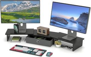 Sedegn Dual Monitor Stand Riser with Drawer for Desk, Wooden Computer Monitor Stand for 2 Monitors, Office Desktop Organizer Stand with Adjustable Length and Angle for PC Monitor Laptop TV (Black)