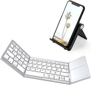 Foldable Bluetooth keyboard with touchpad, full-size wireless folding stand, rechargeable portable travel suitable for iOS, Android, Windows, Mac OS, supporting 3 devices (silvery white)