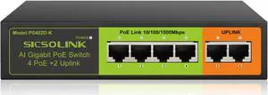SICSOLINK Gigabit 6 Ports PoE+ Switch (4 PoE+ Ports, 2 Uplink), 802.3af/at, 65W Total Power, 1000Mbps, Unmanaged, Fanless, Metal Case, Suitable for IP Cameras & Networking Devices