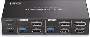 HDMI+Displayport KVM Switch 2 Monitors 2 Computers 4K@60Hz KVM Switcher for Two PC Share Dual Monitors and 4 USB 3.0 Ports Support Extended/Copy Mode with Desktop Controller&2 USB Cables