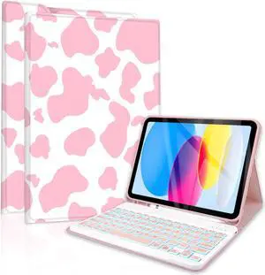 TopPerfekt for iPad 9th Generation Keyboard Case 10.2" 2021, Magnetically Absorbent, Auto Sleep/Wake, Pencil Holder for iPad 8th Gen 2020, 7th Gen 2019, Air 3rd, pro 10.5" (Pink Cow)