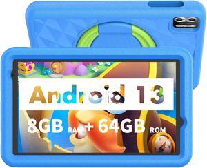VASOUN Kids Tablet 8 inch, Android 13 Tablet for Kids, 8GB(4gb+4gb Expand) RAM 64GB ROM, Toddler Tablet with Bluetooth, 5G WiFi, Kids App Pre-Installed, EVA Shockproof Case (Blue)