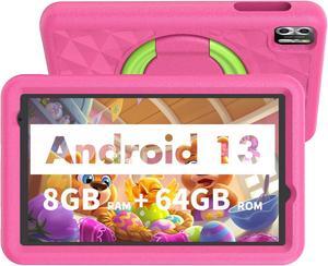 VASOUN Kids Tablet 8 inch, Android 13 Tablet for Kids, 8GB(4gb+4gb Expand) RAM 64GB ROM, Toddler Tablet with Bluetooth, 5G WiFi, Kids App Pre-Installed, EVA Shockproof Case (Pink)