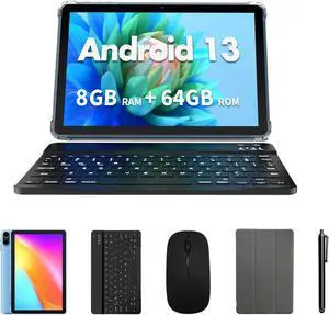 VOLENTEX 2 in 1 Android 13 Tablet, 10 Inch Tablets with Keyboard, Octa-Core Processor, 64GB Pad with Case, Daul Camera, IPS HD Display, WiFi 6, 6000mAh Battery (Blue)