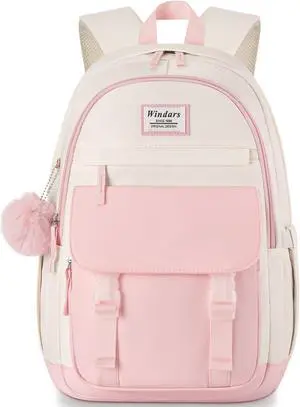 WINDARS School Backpack for Teen Girls, Cute College Backpacks for Women Students Aesthetic Bookbag Large 15.6 Inch Laptop Bag Middle School Travel Back Pack (Pink Beige)