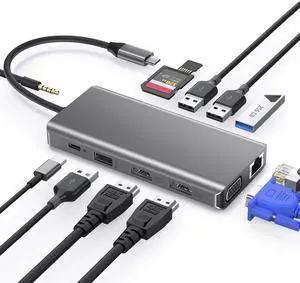 USB C Docking Station, 12 in 1 USB C Hub Multiple Adapter with 2HDMI 4K, VGA, 100W PD, Gigabit Ethernet, 4USB-A, Mic/Audio, SD/TF Card Reader for Thunderbolt3 MacBook Pro/ipad/Dell/HP/Surface/Lenovo