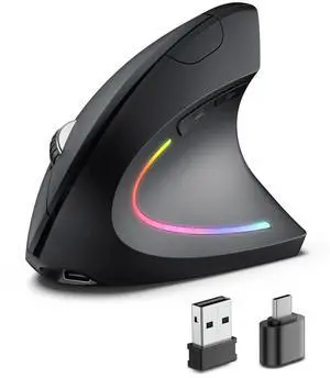 POJTK Ergonomic Wireless Rechargeable Mouse, Bluetooth+USB A+Type C(3 in 1) Connection, 5 Levels Up to 4800 DPI, 6 Silent Buttons, 2.4GHz Carpal Tunnel Vertical Mice, for Laptop, Desktop,MacBook-black