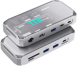 Yottamaster MJ10 1TB External SSD with 10 Ports Extension, USB C Hub with 1TB M.2 NVMe SSD, Up to 1000MB/s, USB C HUB Adapter 10Gbps Support 4K@60Hz HDMI, 100W PD, SD/TF Card Reader, Ethernet