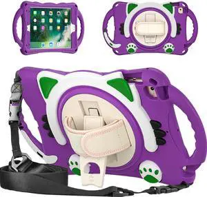 KIQ Cat Shield for iPad mini 1 2 3 4 5 Case, Kids Cute Shockproof Heavy Duty Cover Hand Strap Kickstand Carrying Shoulder Strap Sling for Apple iPad mini 1st 2nd 3rd 4th 5th Gen [Purple]