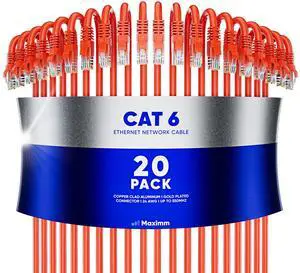 Maximm Cat 6 Ethernet Cable 12 ft (20-Pack) - High-Speed LAN Cable, Internet Cable, Patch Cable, and Network Cable - UTP, 10Gbps, 550MHz Ethernet Cord - Orange