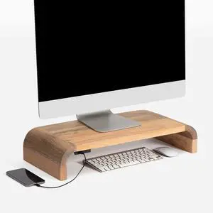 Anji Mountain Wood Monitor Stand Riser Desk Desktop Organizer Table for Home, Office Workspace, Laptop Riser, Ergonomic Design Stand for Gaming Setup, with Power Source, Mango