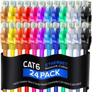Maximm Cat 6 Ethernet Cable 6 Ft, 100% Pure Copper, Cat6 Cable (24 Pack) LAN Cable, Internet Cable, Patch Cable and Network Cable - UTP (Multicolor) 6 Feet