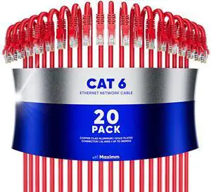 Maximm Cat 6 Ethernet Cable 12 ft (20-Pack) - High-Speed LAN Cable, Internet Cable, Patch Cable, and Network Cable - UTP, 10Gbps, 550MHz Ethernet Cord - Red