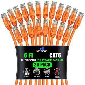 Maximm Cat 6 Ethernet Cable 6 ft (20-Pack) - High-Speed LAN Cable, Internet Cable, Patch Cable, and Network Cable - UTP, 10Gbps, 550MHz Ethernet Cord - Orange