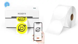 MUNBYN 130B Bluetooth Thermal Label Printer+3 Inch White Circle Thermal Sticker Labels
