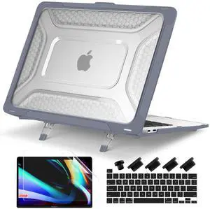 Batianda Protective Case for MacBook Pro 13 inch 2022 M2 Chip 2020 Release A2338 M1 A2289 A2251 Model,Heavy Duty Honeycomb Hard Shell with TPU Bumper and Fold Kickstand & Keyboard Cover, Gray