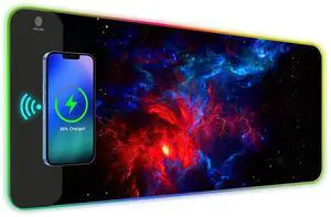 ToLuLu RGB Wireless Charging Gaming Mouse Pad, 7.5/10/15W 10 Light Modes LED Mouse Pad Computer Keyboard Mat Mousepad, 800x300x4MM Extended Large Desk Pad Desk Mat for Gamer, Red Blue Galaxy