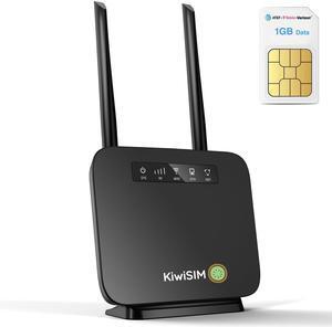 KiwiSIM 4G LTE WiFi Router with 1GB Data Card, Portable Modem WiFi Router, 300Mbps WiFi, CAT4, Supports Verizon, AT&T and T-Mobile, 3000mAh Battery, WiFi Mobile Hotspot Router for Home/Office/Camping