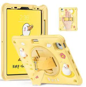 Batianda Kids Case for iPad Air 11 inch 2024 2025 Air 5th Adorable 3D Duck Design Silicone Durable Multi-Layer Protection, 360° Rotating Hand Strap and Kickstand, Built-in Pen Slot, Safe and Fun Use