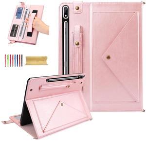 Dteck Case for Galaxy Tab S10 Plus/S9 Plus/S8 Plus+/S7 FE/S7 Plus 12.4 inch,PU Leather Fold Business Stand Protective Cover with Pen Holder Card Slots Shoulder Hand Strap Handbag Wallet Case,Rosegold