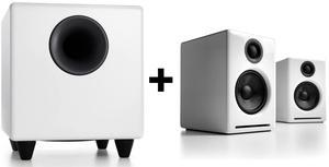 Audioengine A2 White Wireless Computer Speakers for Desktop Pc and S8 White Subwoofer