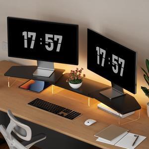 LED Dual Monitor Stand Riser for 2 Monitors, Office Desktop Wooden Stand Adjustable Length and Angle 3 Shelf, Extra Long Multifunctional Stand up to 44.4" for Computer, Laptop, TV, Black