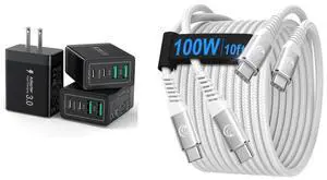 2-Pack USB C Cable 10FT + 3-Pack Charger Block Black