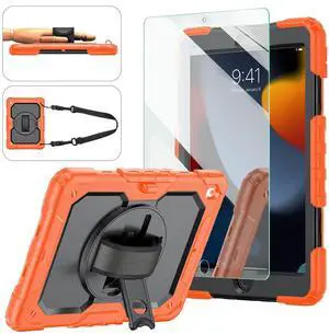 Ambison Case for iPad 9th/8th/7th Generation 10.2'' 2021/2020/2019, [Kid Proof] Full Body Protective Case with 9H Tempered Glass Screen Protector, 360° Rotatable Kickstand/Hand Strap (Orange & Black)