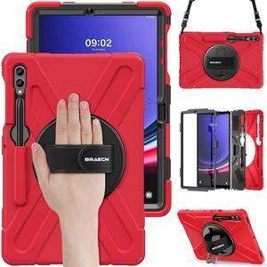 BRAECN for Galaxy Tab S10+/S9 FE+/S9+/S7+/S8+/S7 FE Case,Heavy Duty Shockproof Rugged Case with Carrying Shoulder Strap, S Pen Holder, Kickstand, Hand Strap for Samsung Galaxy Tab S8 Plus12.4 Inch-Red
