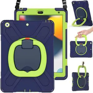 BRAECN Kids Protective Case for iPad 10.2 Inch 9th/8th/7th Generation 2021/2020/2019 - Shockproof Hard Case with Kickstand, Handle Grip & Carrying Strap | Screen Protector & Pencil Holder - Navy+Green