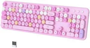 COVEVA Colorful Wireless Bluetooth Keyboard, 2.4G & Dual Bluetooth Multi-Device, Typewriter Retro Round Keycaps 104 Keys Full-Size for PC Laptop Tablet Phone (Pink-Colorful)