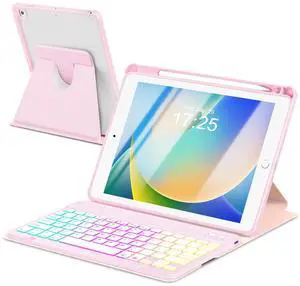 EAMPANG Case with Keyboard for iPad 9th 8th 7th Generation 10.2 inch,7 Rainbow Backlit Detachable Wireless Keyboard Rotatable Magnetic Cover with Pencil Holder for iPad Air 3rd Gen/Pro 10.5 Pink