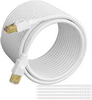 CAT 6E Cat 7 Ethernet Cable 100 Ft White, Elecan High-Speed Triple Shielded Internet Network Cable, S/FTP, POE, 26AWG 10Gbps Long CAT6A RJ45 LAN Cable Cord, Flexible &Durable for Outdoor &Indoor +Ties