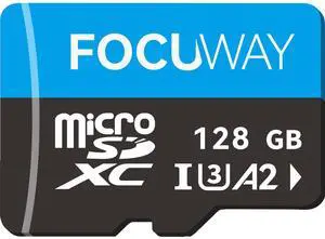 FOCUWAY 128GB microSDXC UHS-I, C10, U3, A2, 4K UHD Video High Speed Transfer Monitoring Industrial Grade SD Card with Adapter for Dash Cams, Action Camera, Surveillance & Security Cams