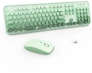 FOPETT Wireless Keyboard and Mouse Combo - 2.4G Full-Sized Cute Colorful Mouse and Keyboard with 104 Round Keys Retro Typewriter Keyboard for Laptop/Windows/PC - Green Gradient