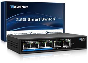 6 Ports 10Gb Unmanaged Ethernet Switch with 4*2.5G Base-T Ports, 2*10G RJ45 Ports. 60Gbps Switching Capacity, GiGaPlus 10Gbps Network Switch for 2.5G/10Gbps NAS/PC, WiFi6 Router, Wireless AP