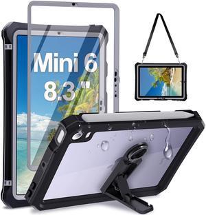 for iPad Mini 6 Case 2021 - for iPad Mini 6th Generation Case - Waterproof Case with Built-in Screen Protector - Full Protection Shockproof Case with Strap Stand Pencil Holder Kickstand, Black